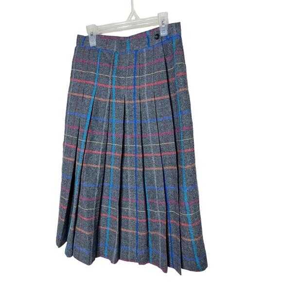 Kay Warner Skirt Womens Size 8 Grey Plaid Pleated Midi Wool Blend Vintage Chic - Picture 1 of 8